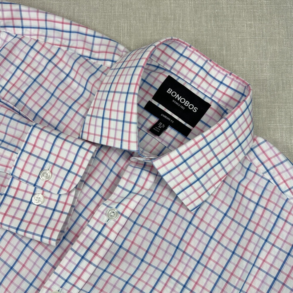 Bonobos Button Down Shirt Mens 15.5x33 White Blue Pink Tattersall Standard Fit